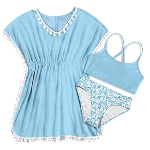 Goodstoworld 7-12 Years Girl’s 3 Piece Cover Up Swimsuit Beach Print Bikini Bathing Suit with Pompom Tassel