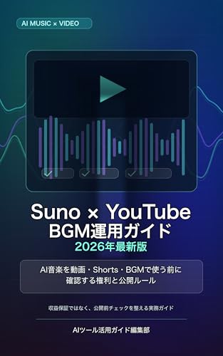 Suno YouTube BGM Unyo Guide Nisen Nijuroku Nen Saishinban: AI Ongaku wo Doga Shorts BGM de Tsukau Mae ni Kakunin Suru Kenri to Kokai Rule Suno AI Jitsumu Guide (Japanese Edition)