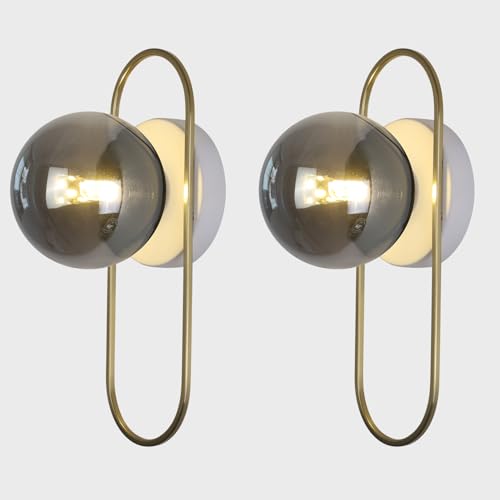 Image of Modern Brass Wall Sconce Mid Century Glass Wall Sconces Brushed Gold Wall Lamp Vintage Wall Sconces Set of Two Hardwired Farmhouse Wall Light Fixtures (2 Pack)