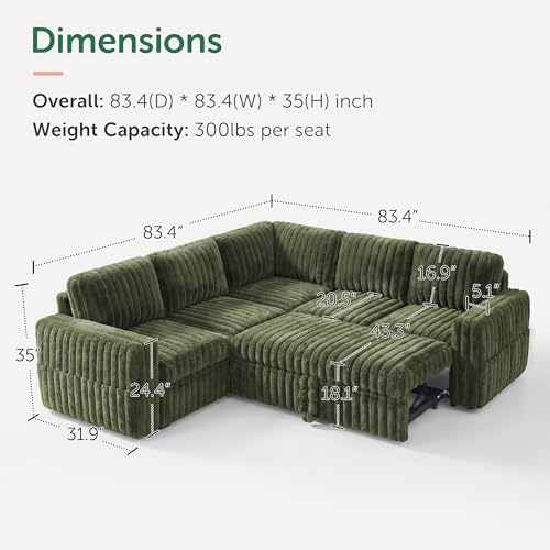 Image of HONBAY Plush Corduroy Modular Sectional Sofa with Pull Out Bed, Convertible L Shaped Couch with Storage,Sleeper Sectional Couches for Living Room,Plush Green