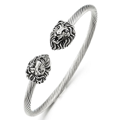COOLSTEELANDBEYOND Mens Steel Vintage Lion Head Twisted Cable Cuff
