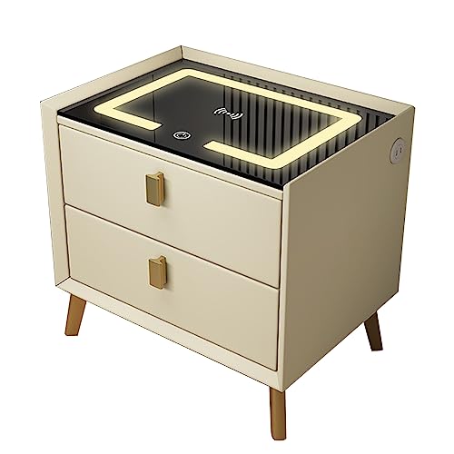 Mesita de noche LED multifuncional con carga inalámbrica, mesita de noche de 2 cajones para dormitorio y sala de estar modernos