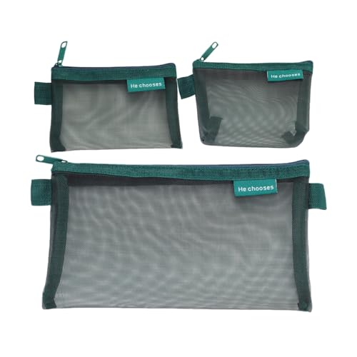 ミニポーチ 3個セット メッシュ素材 ペン 文房具 ガジェット小型収納袋 トラベル出張用ガジェット 化粧品 リップ収納 携帯便利 大容量 網タイプ (グリーン)