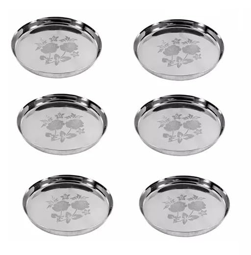 KROWNStainless Steel Light Weight 26 Gauge Khumcha/Lunch and Dinner Plates with Mirror Finish and Beautiful Laser Design, Curved deep Wall Design 26 cm Dia - Set of 6 pc