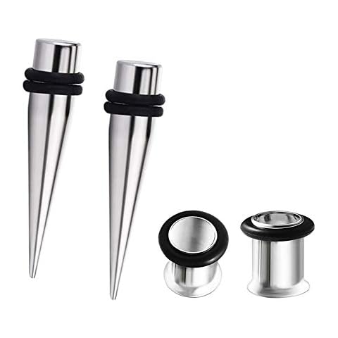 Bngukju 2 Pairs Stainless Steel Ear Taper Stretching Kits + Ear Tunnel Gauges Plugs Expander Piercing Jewelry with O Rings Cover
