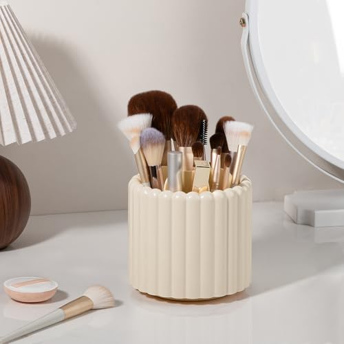 Image of Anyoifax 360 Rotating Pen Holder 7 Slots Desk Organizer Removable Pencil Cup Plastic Art Supplies and Accessories Desktop Storage Box Caddy for Office, School, Home (Beige)