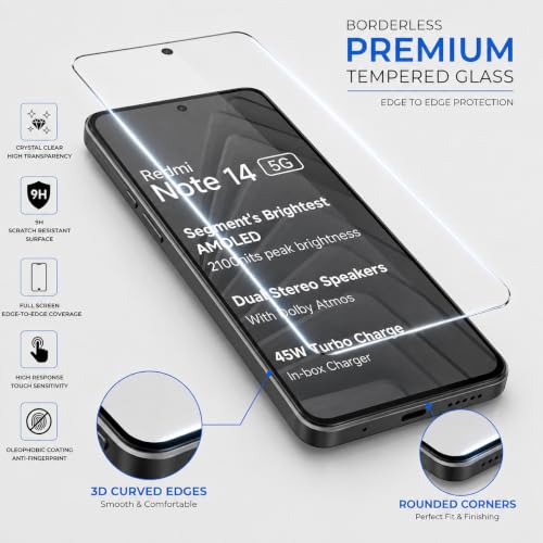 Image of ArmourPro 3D Borderless Tempered Glass for Redmi Note 14 SE and Redmi Note 14, Set of 2 HD Clear Screen Protectors with 3D Curved Edges, 9H Hardness, Oleophobic Coating, Case Friendly