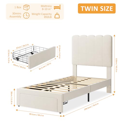 GarveeHome 2 Sets Twin Bed Frame with Under-Bed Drawer, Upholstered Platform Bed with Wave Headboard for Kids/Girls, Wooden Slats Support, No Box Spring Needed, Velvet Beige