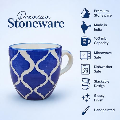 Image of HandPainted Blue Ceramic Tea Cups Set of 12 Small Coffee Chai Serving Cups Microwave Safe | Ideal Gift for Anniversary, Housewarming Parties | NewYear Gifts Set for Family and Friends 100 ML Each