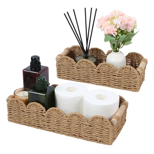 Paper Rope Storage Basket Set of 2 with Wooden Handles - Scalloped Toilet Paper Organizer Cute & Functional Home Decor for Bathroom or Living Room (Beige)