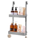 SONGMICS Mensola Doccia da Appendere in Acciaio, Organizer Bagno Antiruggine a 2 Ripiani con Ganci, senza Foratura, 31,5 x 15,5 x 56 cm, Grigio, Collezione Parson BCB205E101