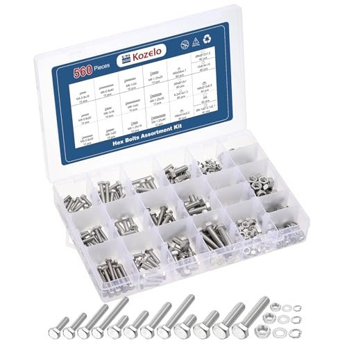 Kozelo 560Pcs Bolts and Nuts Washers Kit-M5/M6/M8 304 SS Hex Tap Bolt