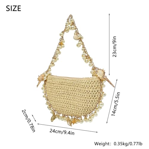 Image of Pearl Straw Clutch Purse for Women Summer Vacation Purses Beach Evening Bag Beaded Shell Handbag