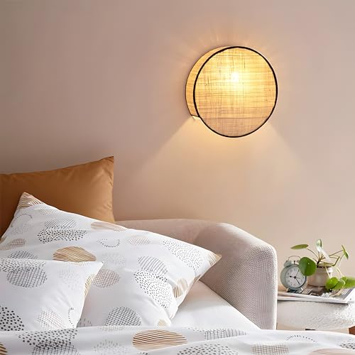 Image of Bofea-Rattan Boho Wall Llight,Plug in Wall Sconces | Wall Hanging Lamps with Hand Woven Hemp Rope Shade,Farmhouse Circular Wall Lamps Light Fixture Indoor for Living Room