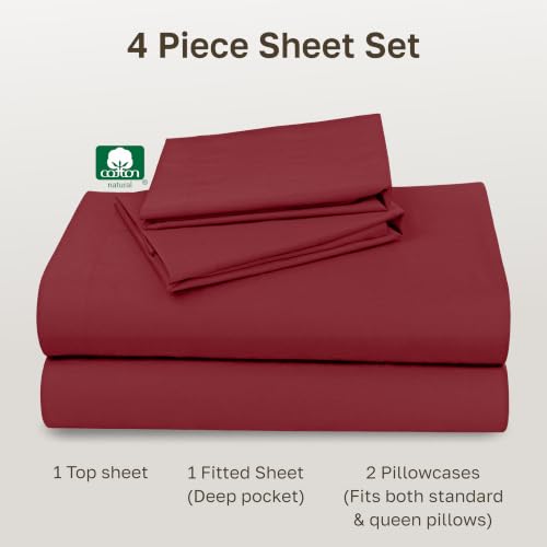 Image of California Design Den Deep Pocket Queen Sheets Set - Natural 100% Cotton Sheets Queen Size Bed Set, Soft Sateen Weave, Breathable and Durable Bedding (Brick Red)