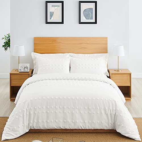 Image of Boho Shabby Chic Bohemian Ivory Textured Tufted Duvet Comforter Cover and Sham 3 pc. Full Queen Size Bed Bedding Set Bedroom Aesthetic Neutral Modern Polka Dot PomPom Beige Urban Tufted Off White