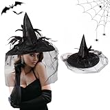 Himissy Sombrero de Bruja, Gorro de Bruja, Sombreros de Bruja, Gorro Bruja, Halloween Hat para Adulto Disfraz de Halloween Tocado, Carnaval Accesorio Fiesta Decorativo con Flor Tamaño Único Negro