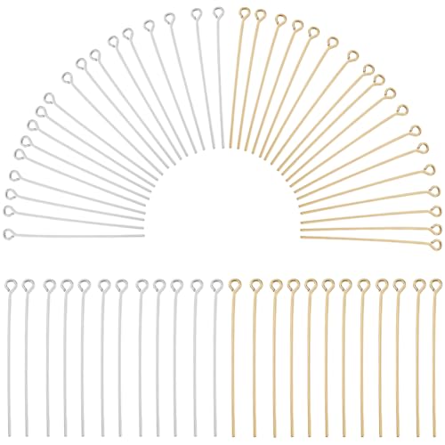 SOFPLATE 1 Box 600Pcs 40mm Gold Silver Jewellery Eye Pins Bulk Long Eyepins Brass Open Head Pins Findings for DIY Necklaces Bracelets Earrings Crafts Jewellery Making Accessories