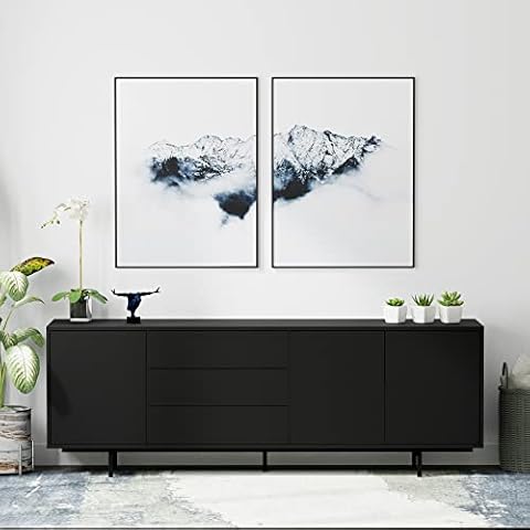 Glenwillow Home Atlas 78" x 28" Highboy Modern TV Stand Cabinet and Sideboard - Black Frame, Black Door/Drawers, Black Base Cover