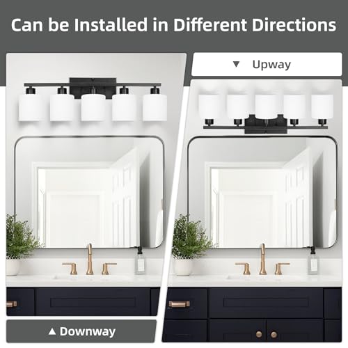Image of SILAMPDI Black Bathroom Light Fixtures Over Mirror, 5-Light Vanity Lights for Bathroom, Modern Wall Sconces Lighting for Bedroom Living Room, Milky White Glass Shades, E26 Base, Bulbs Not Included