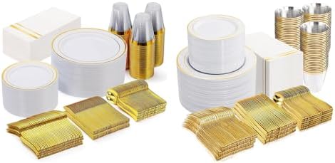 GATHER 350 PCS & 700 PCS Gold Plastic Plates and 700PCS Whtie and Gold Plastic Dinnerware Sets