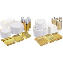 GATHER 350 PCS & 700 PCS Gold Plastic Plates and 700PCS Whtie and Gold Plastic Dinnerware Sets