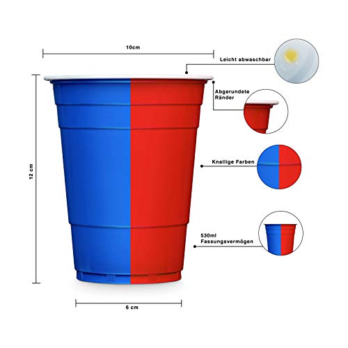 Lucky Humans® Beer Pong Becher Set | Bierpong Spiel | 50 Premium Red & Blue Cups (25 rot + 25 blau) | XXL 530 ml | Ideal für Festival, Pool-Party & Bierpong-Tisch | Partybecher | Spülmaschinenfest