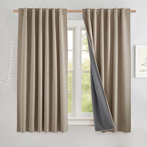 NICETOWN Short 100% Blackout Curtains 63" Long, Linen Blend Drapes with Thermal Insulated Grey Liner, Keeping Out Cold Air and Heat Panels for Kitchen