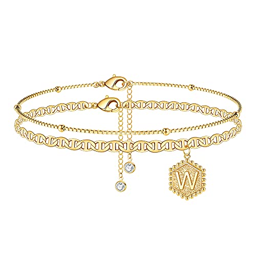 Turandoss Layered Hexagon Ankle Bracelet for Women, 14K Gold Plated Handmade Layered Box Chain Flat Mariner Hexagon Anklet Letter Initial Ankle Bracelet for Women Gold Summer Beach Foot Anklet（W）