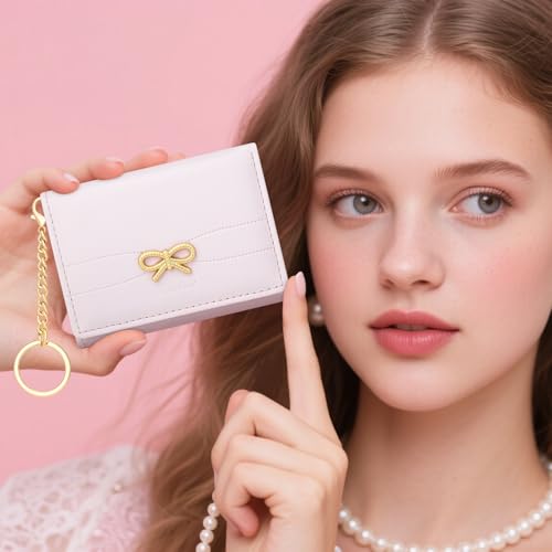 YINHEXI Wallet for Women, Cute Coquette Bow Wallet, Small RFID Blocking Wallet with Keychian Trifold PU Leather Card Holder with ID Window & Aesthetic Design (Tri-fold, Bow Pink)2