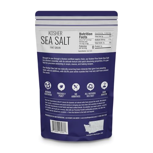 Fine Grain Kosher Salt, Non-Iodized & Natural Fine Replacement for Table Salt for Table Shakers, 14 oz Bag