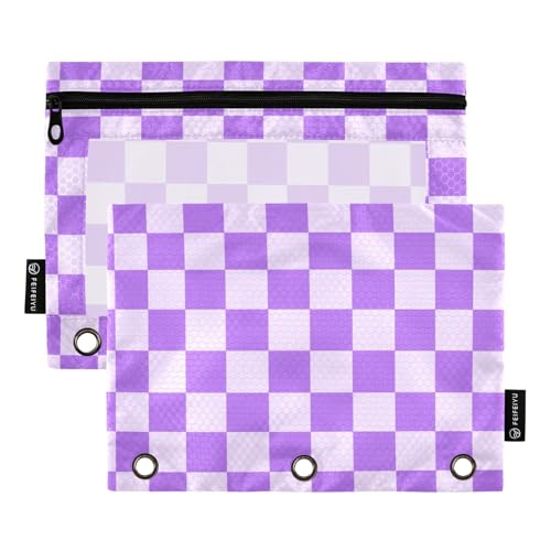 Image of Purple Grid Pencil Pouch for 3 Ring Binder with Zipper 2 Pack Binder Pouches Cosmetic Bag with Clear Window