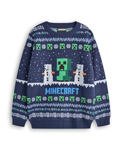 Minecraft Boys Christmas Jumper | Kids Creeper & Snow Golem Characters Graphic Knitted Sweater in Blue | Childrens Selburose Pattern Festive Jumper with Snowmen | Mojang Video Game Merchandise Gift