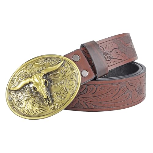 CHIC DIARY Men Western Belt Cowboy PU Leather Waist Belts Vintage Waist Strap Bull Decoration Floral Engraved for Jeans3