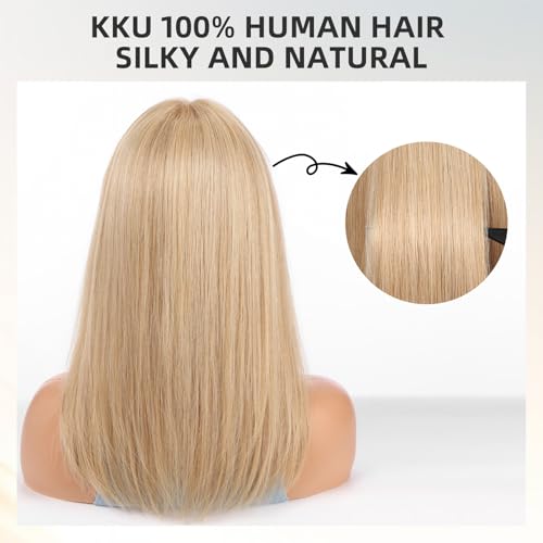 Image of KKU 16 Inch Blonde Human Hair Wig,Human Hair Wigs,Human Hair Wig With Bangs, Lady Wigs Human Hair, Real Hair Wigs For Women