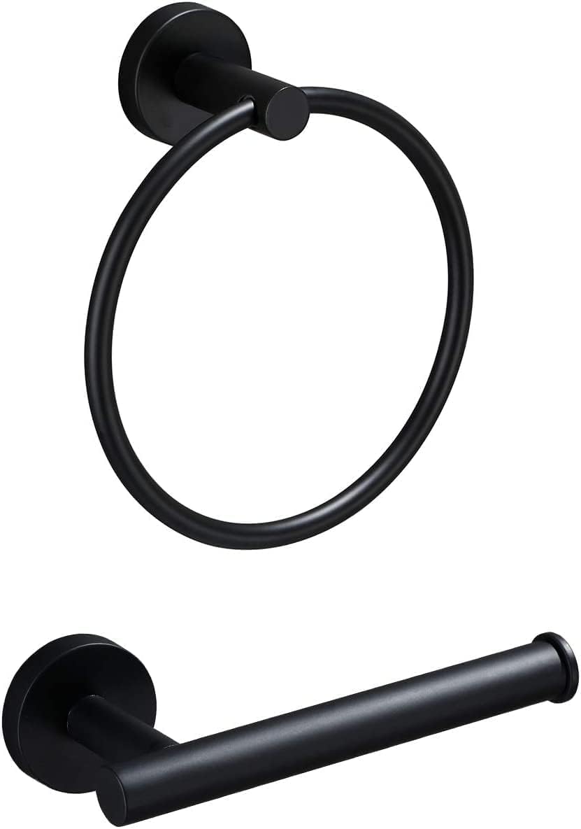 USHOWER Toilet Paper Holder and Towel Ring Combo Set, Matte Black, 2 Pieces