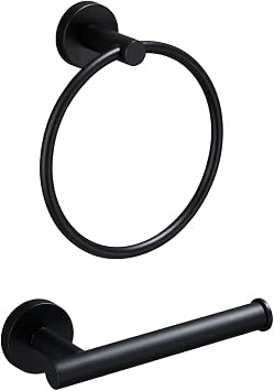 USHOWER Toilet Paper Holder and Towel Ring Combo Set, Matte Black, 2 Pieces