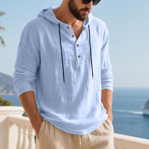 Mens Cotton Linen Long Sleeve Hoodies Casual Loose Button Down Drawstring Shirts Fall Lightweight Henley Clothes2