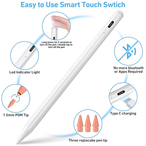 Image of Stylus Pen for ipad, Active Pencil with 10 Mins Charge, Palm Rejection Tilt Sensor, Magnetic-Pen Compatible with 2018-2025 iPad-Pro 11 inch /12.9 inch,iPad-10 /9 /8 /7 /6,iPad mini 5 /6,iPad-Air3 /4 /5