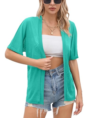 Image of Iandroiy Women's Lightweight Open Front Cardigans Casual Short Sleeve Blouse Tops