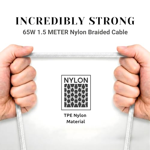 Image of PHILIPS DLC4150CW /94 65W Type-C to Type-C Fast Charging Cable (1.5m, Bright White) | Nylon Braided | Compatible with iPhone 15+ Series, USB-C iPad Models, Samsung Galaxy & All Type C Devices