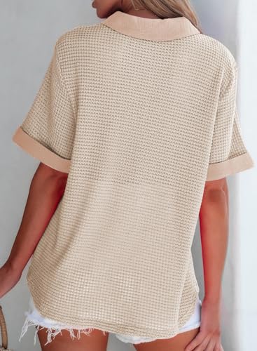 Image of Astylish Womens Waffle Knit Button Down Shirts Tops Casual V Neck Short Folded Sleeve Dressy Blouses