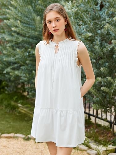Image of CIDER Knotted Sleeveless White Mini Dress Ruffle Trim Tie Neck Tiered Casual Summer