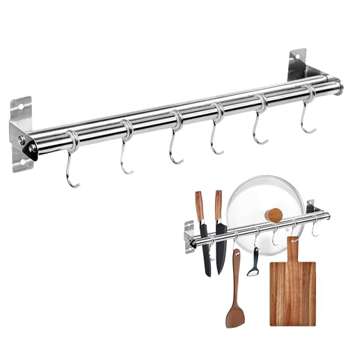Porte Ustensiles Cuisine, Support Ustensiles Cuisine En Acier Inoxydable, No-Punch Porte Casserole Mural, Multi-Purpose Twin Bar Barre Cuisine Ustensile, Porte Ustensiles Cuisine Mural Avec 6 Crochets