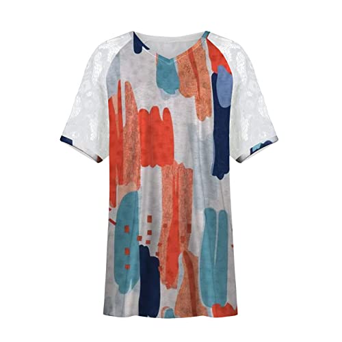 Women Vneck Relaxed Fit Blouses Shirt Comfy Short Sleeve Tshirt Tops Lace Patchwork Shirts Chic Floral Print Clothes #TOP3