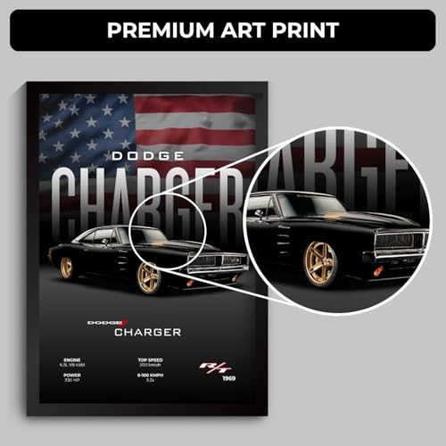 Image of Dodge Charger Poster | Framed 1969 Charger R /T A4 Sized (31 x 23 cm) | Dodge Muscle Poster for Wall, Gift for Boys, American Muscle Car Frames | Car Posters for Wall, Bedroom, Hostel, Study Area (F 028)