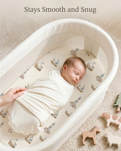 Image of Bassinet Sheets for Baby Girls Boys 2 Pack, Fitted Baby Mattress Sheet for Rectangle, Oval, Hourglass Bassinet Mattress, Breathable Cozy & Universal Fit (Sailing Waves, Bassinet Sheet)