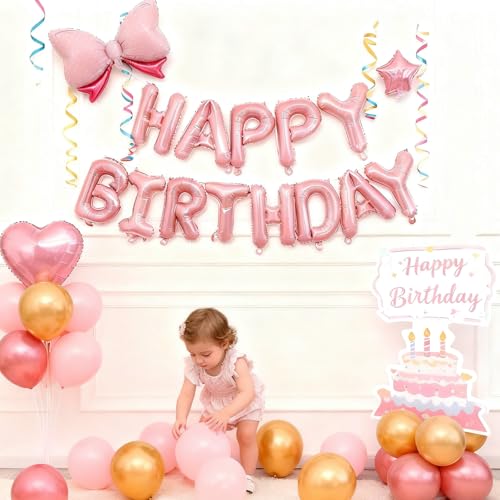 Image of Pink Happy Birthday Balloon Banner Set -16 Inch Foil Letters Balloons, Reusable Birthday Decorations and Party Supplies, Suitable for Men and Women's Birthday Decorations,Party Backdrop