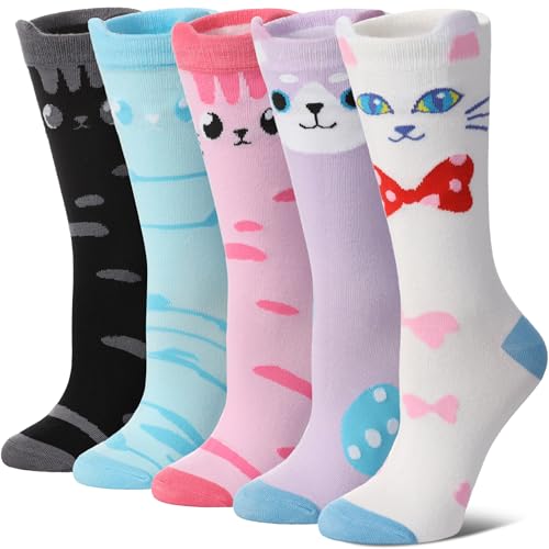 Image of SDBING Womens Cat Socks Cute Gifts Animal Soft Breathable Thin Cotton Casual Crew Socks 5 Pairs