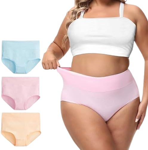 Women's High Waisted Cotton Underwear Soft Breathable Panties Stretch Briefs Seamless Ladies Panties Everyday Casual Panties Panties Pack of 3Plus Size-image-27